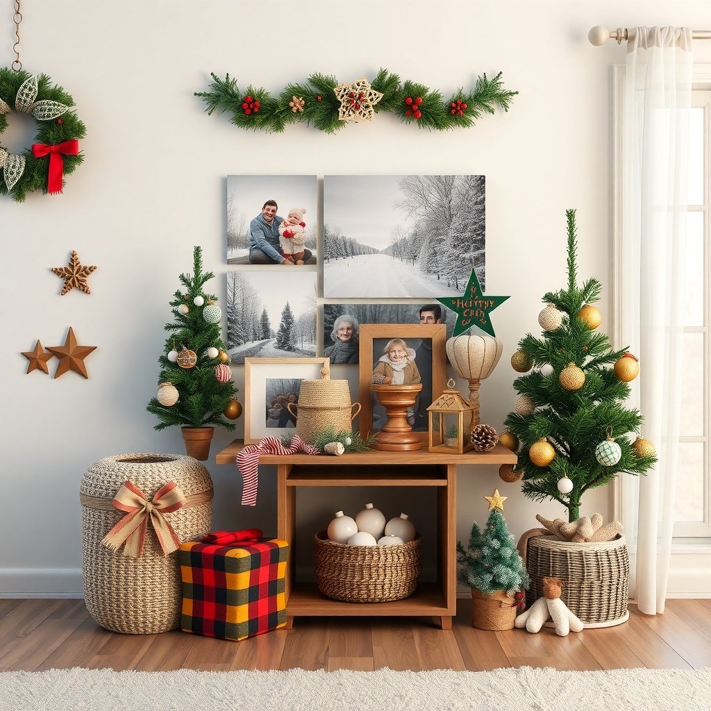 50 Inspiring Winter Decor Ideas to Transform Your Home After Christmas A cozy winter decor setup featuring a small tree, framed photos, and woven baskets.