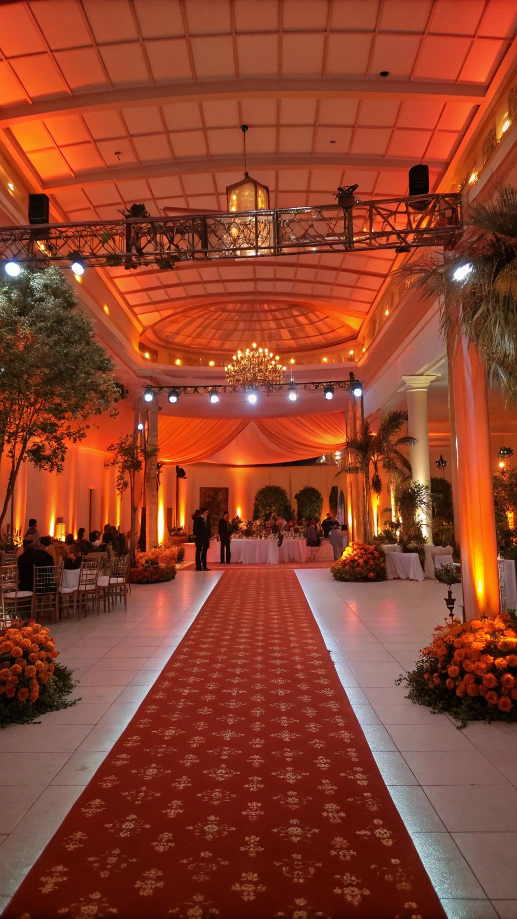 25 Stunning Burnt Orange Wedding Ideas for Your Dream Day A beautifully lit wedding venue featuring burnt orange lighting, elegant decor, and a red carpet.