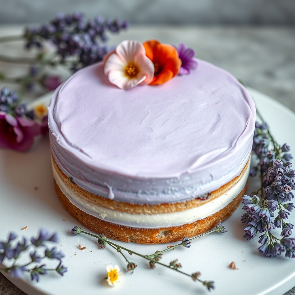 30 Delicious New Year Cake Recipes to Celebrate in Style A beautifully decorated Lavender Honey Cake with purple frosting and edible flowers.
