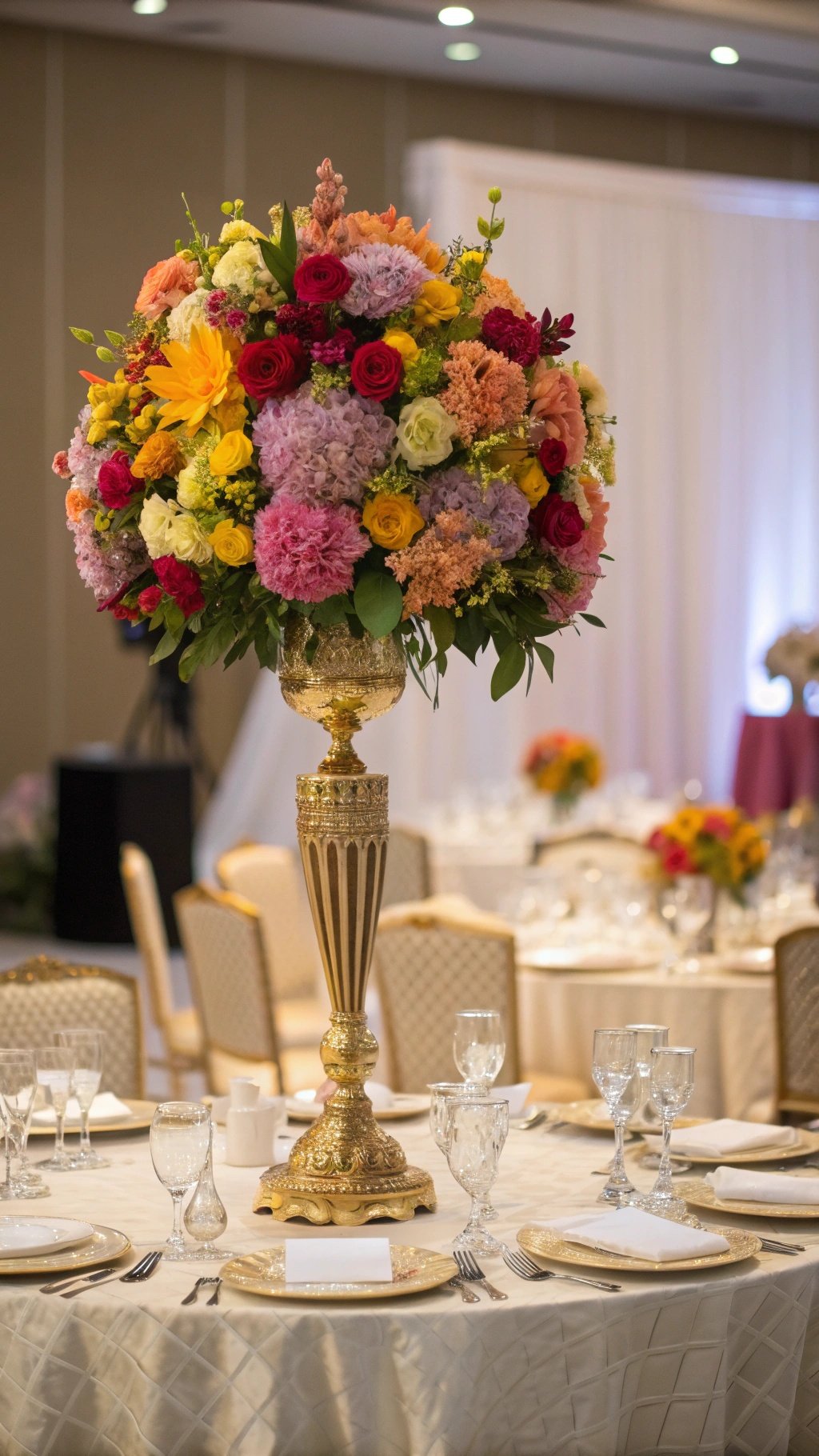 29 Stunning Wedding Table Decoration Ideas for a Perfect Celebration A beautifully arranged wedding table with a tall floral centerpiece in vibrant colors.
