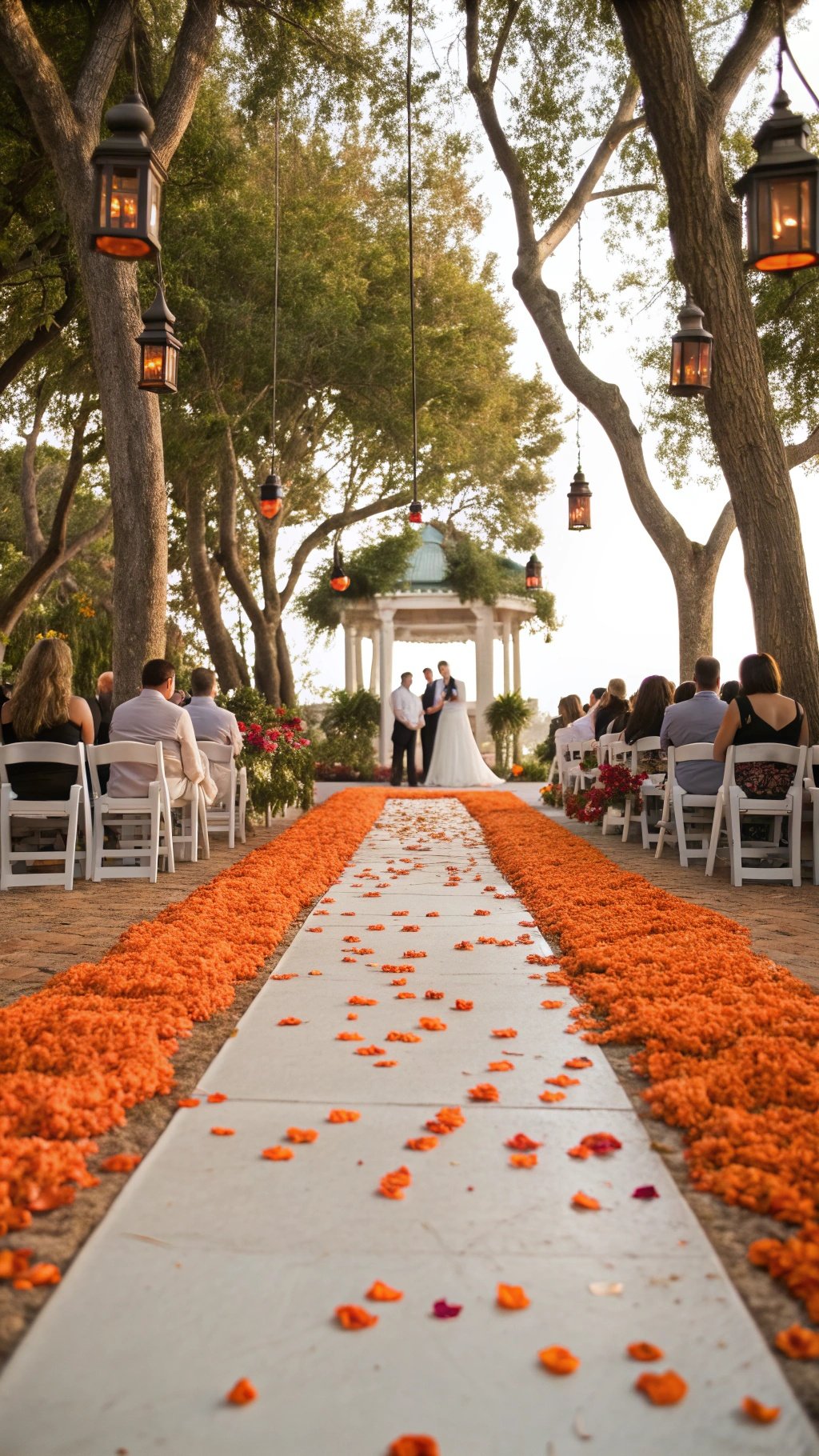 25 Stunning Burnt Orange Wedding Ideas for Your Dream Day A wedding ceremony aisle decorated with burnt orange flower petals leading to a gazebo, surrounded by guests and lanterns.