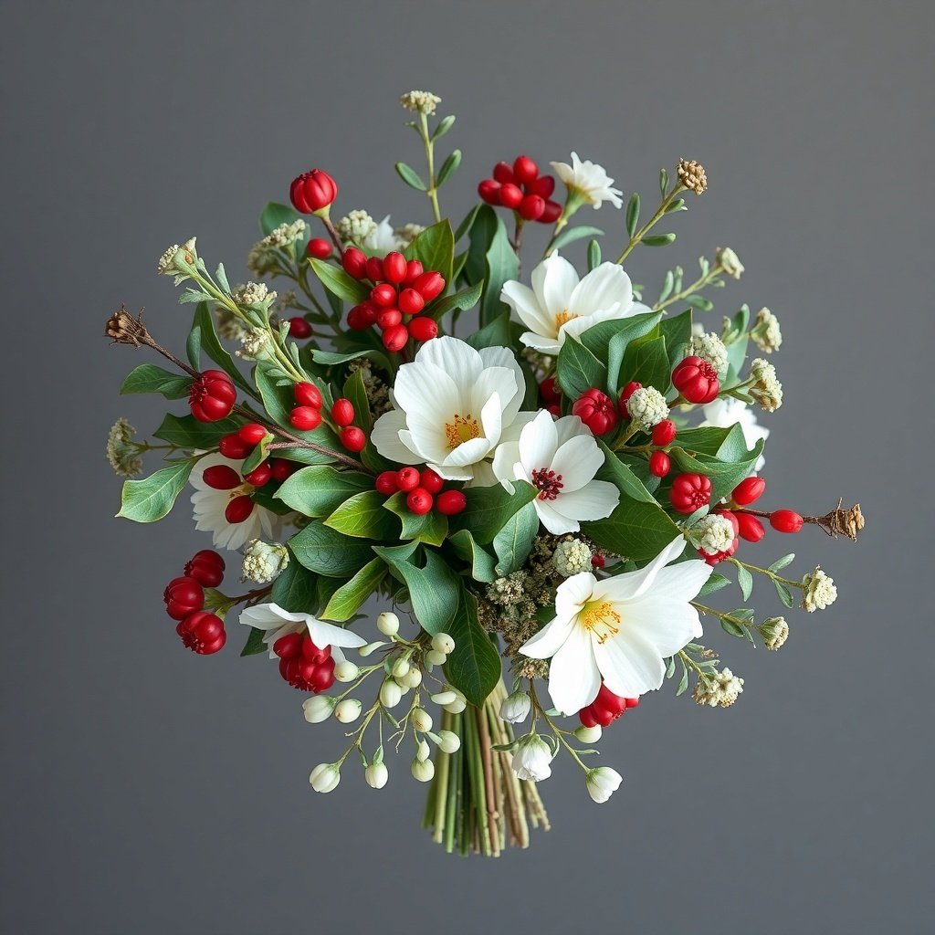 50 Inspiring Winter Decor Ideas to Transform Your Home After Christmas A bouquet featuring white flowers, red berries, and green leaves, perfect for winter decor.