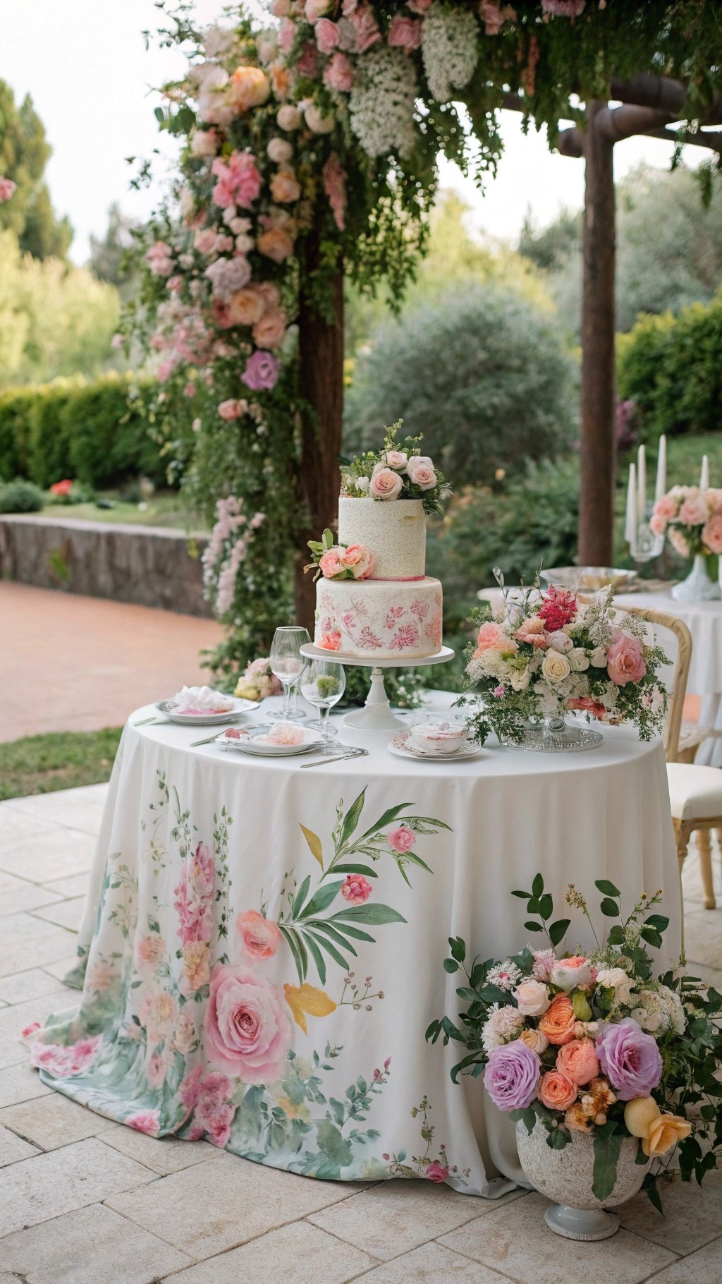 29 Stunning Wedding Table Decoration Ideas for a Perfect Celebration A wedding table decorated with floral patterns, featuring a cake and elegant glassware.