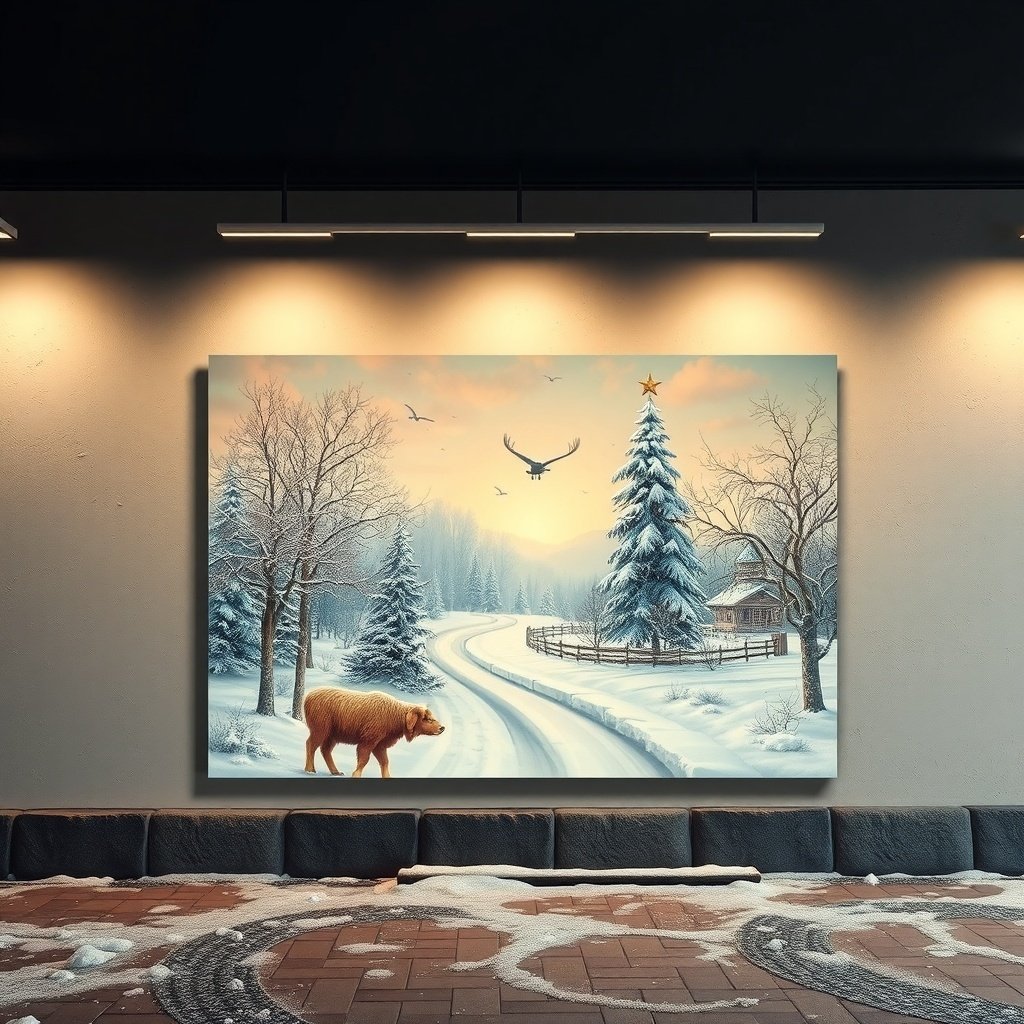 50 Inspiring Winter Decor Ideas to Transform Your Home After Christmas A winter landscape painting featuring a snowy road, trees, a bear, and a cabin.
