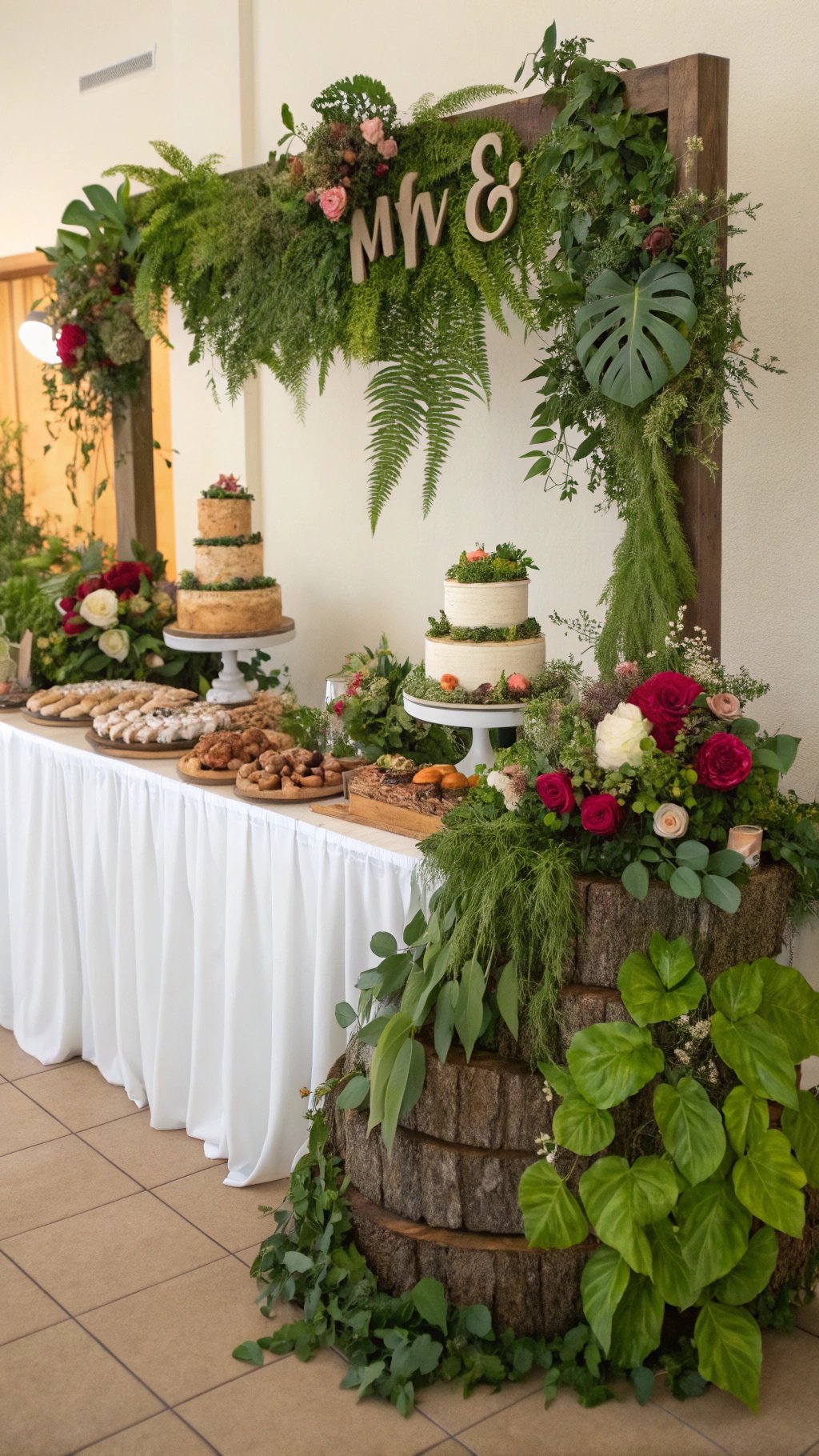 29 Stunning Wedding Table Decoration Ideas for a Perfect Celebration A wedding table decorated with greenery, flowers, and cakes, featuring a wooden backdrop.