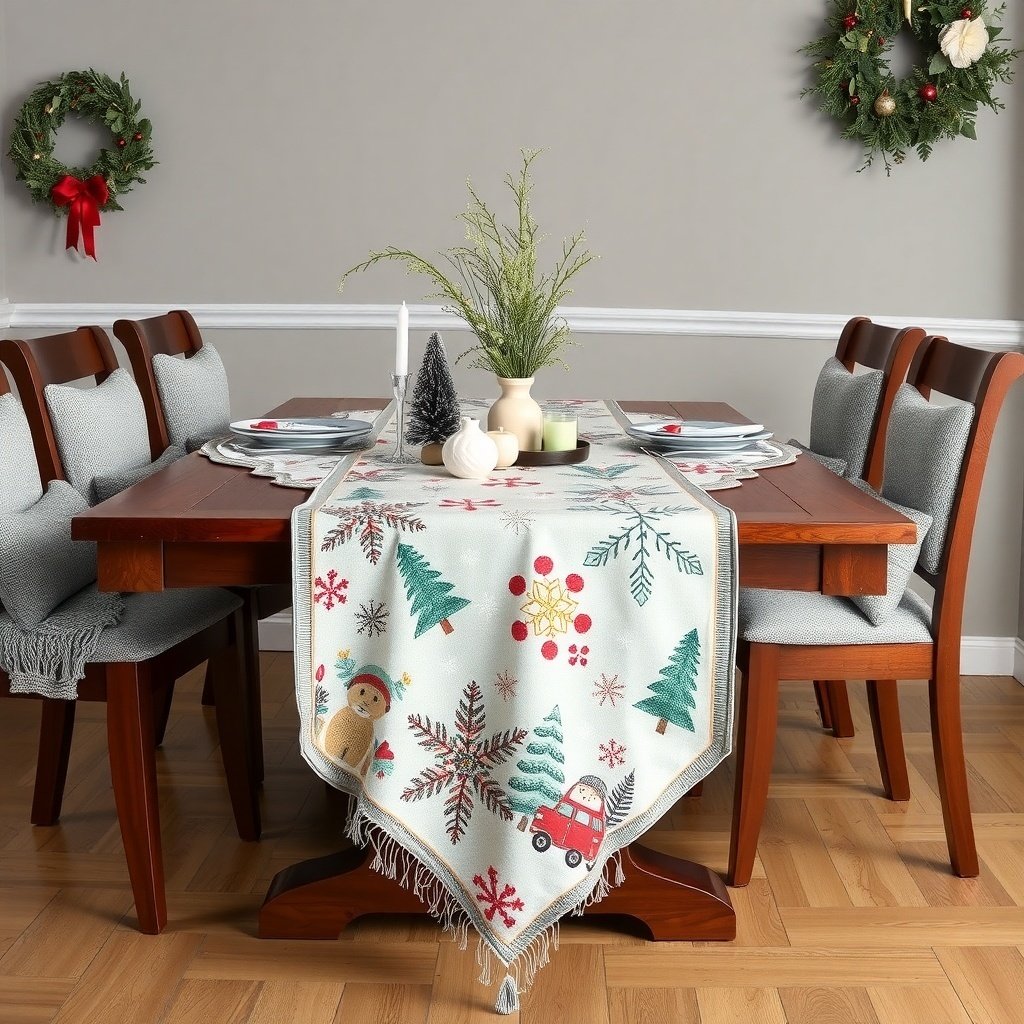 50 Inspiring Winter Decor Ideas to Transform Your Home After Christmas A winter-themed table runner with snowflakes and trees on a dining table.