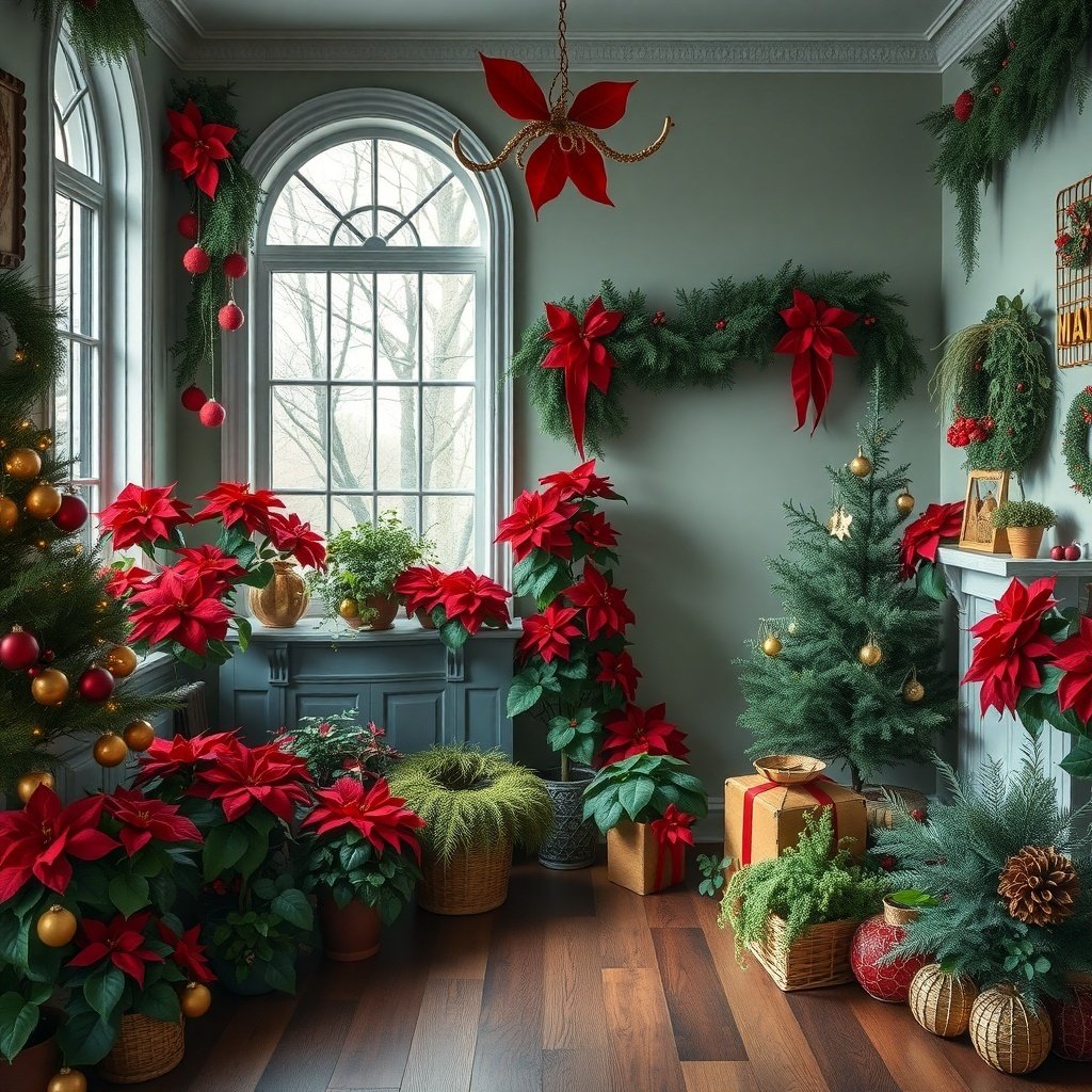 50 Inspiring Winter Decor Ideas to Transform Your Home After Christmas A cozy room decorated with poinsettias and evergreen plants, showcasing winter decor after Christmas decor.