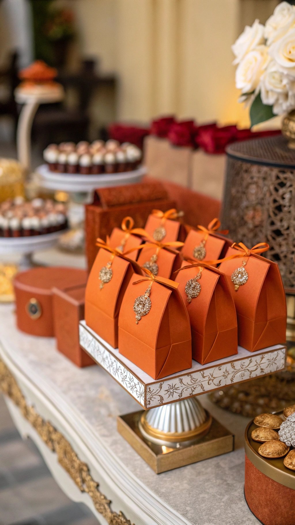 25 Stunning Burnt Orange Wedding Ideas for Your Dream Day Burnt orange wedding favor boxes displayed elegantly on a table