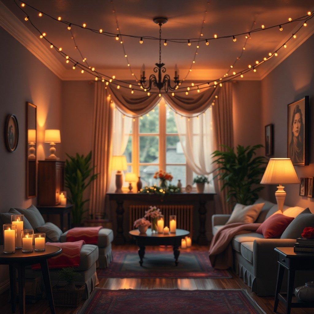 50 Inspiring Winter Decor Ideas to Transform Your Home After Christmas Cozy living room with layered lighting, featuring string lights, lamps, and candles.