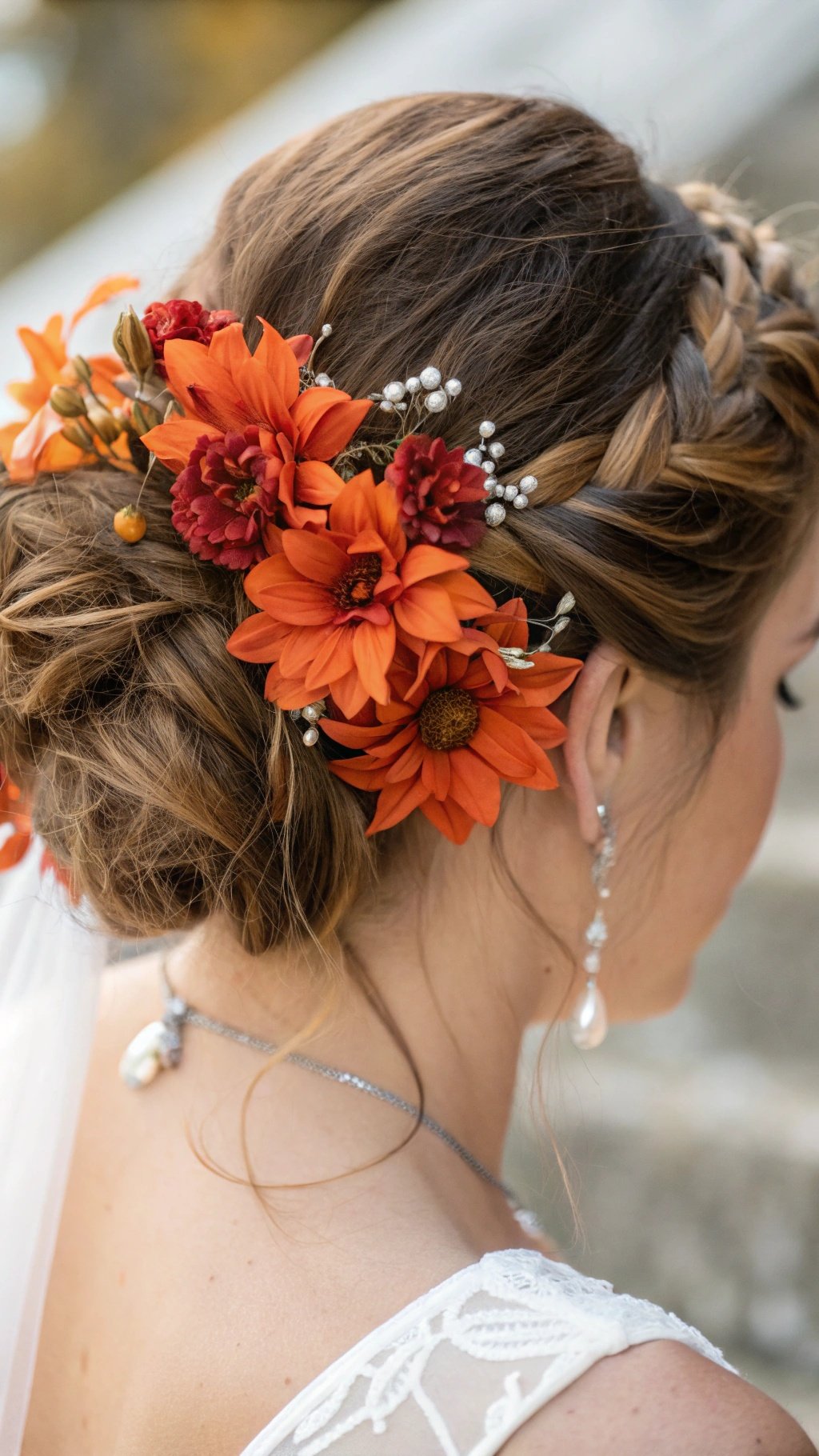 25 Stunning Burnt Orange Wedding Ideas for Your Dream Day A bride's hairstyle featuring burnt orange flowers and silver accents.