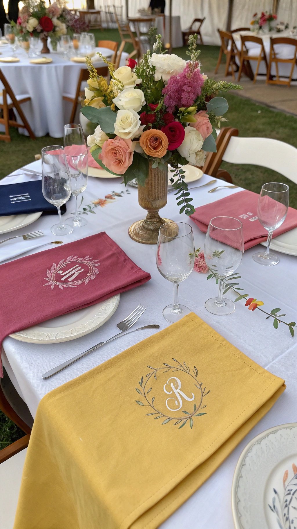 29 Stunning Wedding Table Decoration Ideas for a Perfect Celebration Wedding table with monogrammed napkins and floral centerpieces