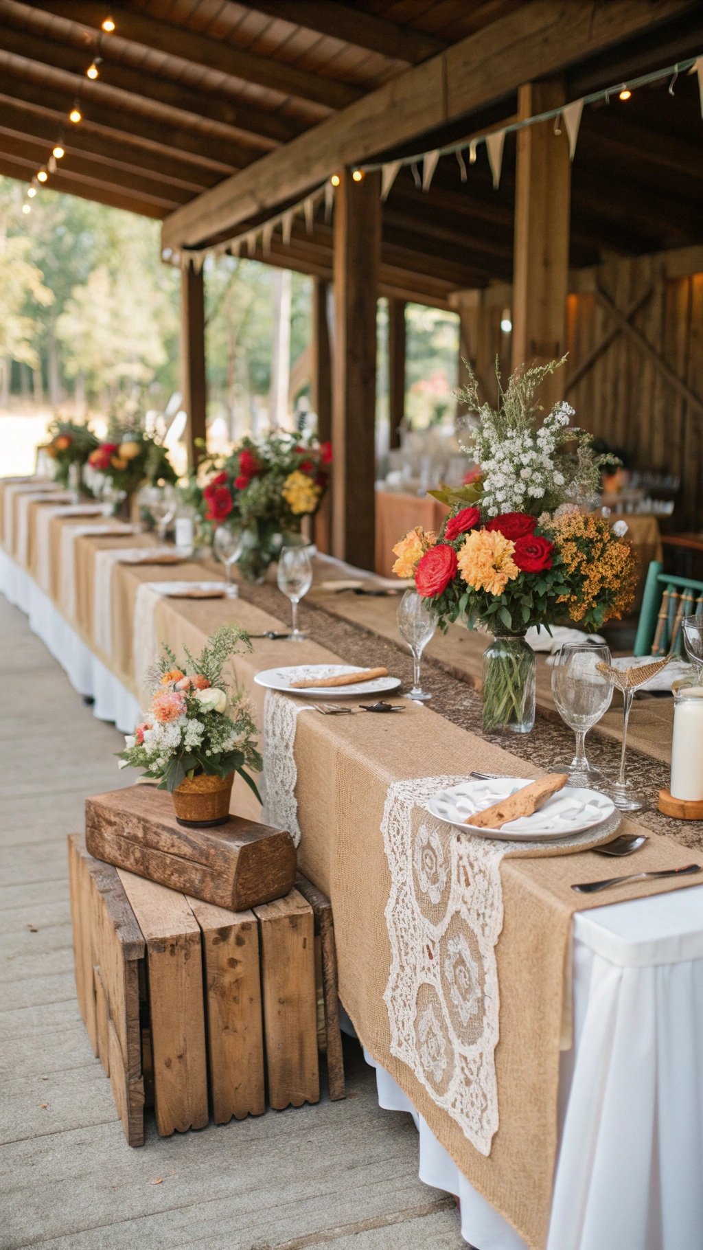 29 Stunning Wedding Table Decoration Ideas for a Perfect Celebration Rustic wedding table decorations featuring wooden accents, burlap runners, and vibrant floral arrangements.