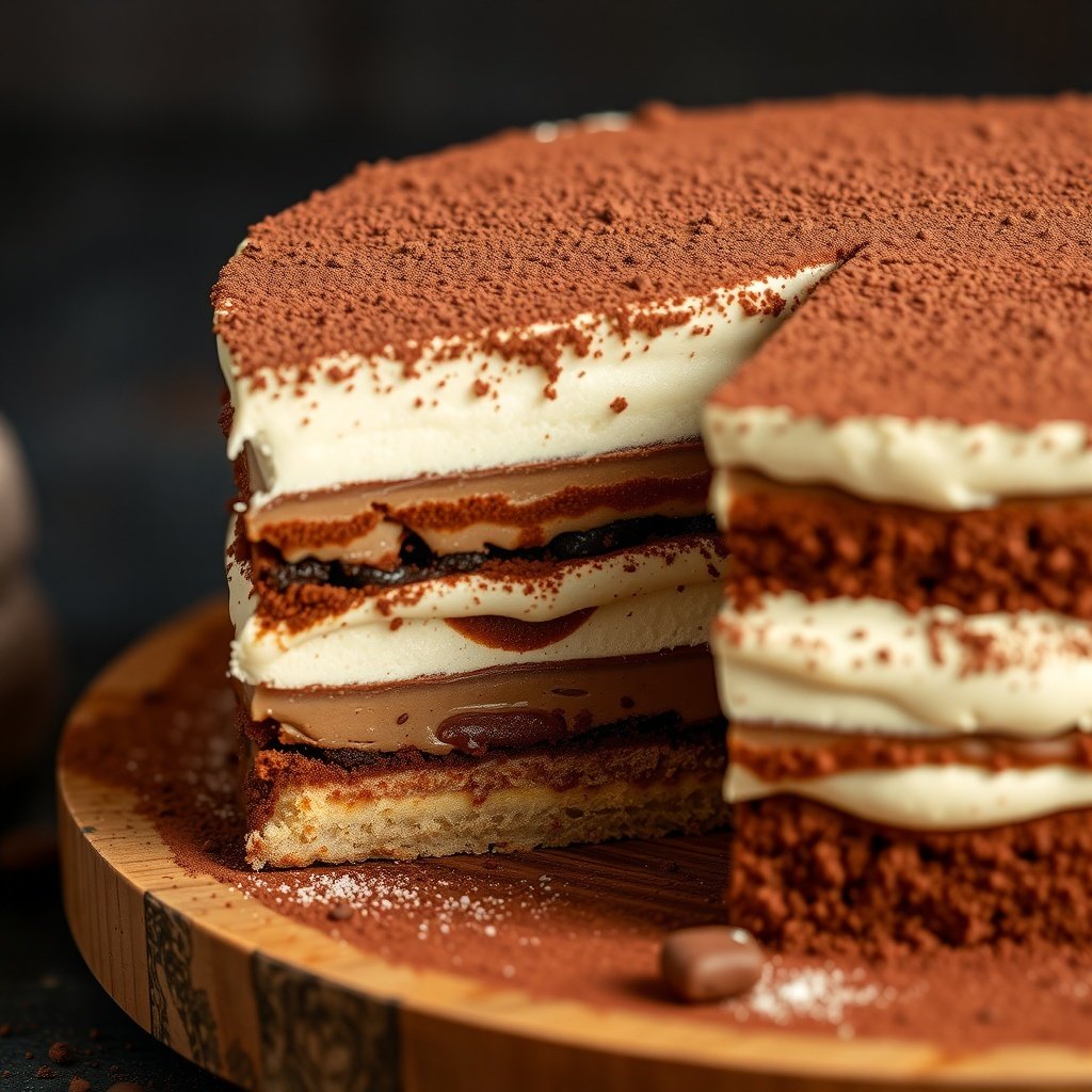 30 Delicious New Year Cake Recipes to Celebrate in Style A beautifully layered Tiramisu cake with cocoa powder on top, showcasing its creamy texture and coffee-soaked layers.