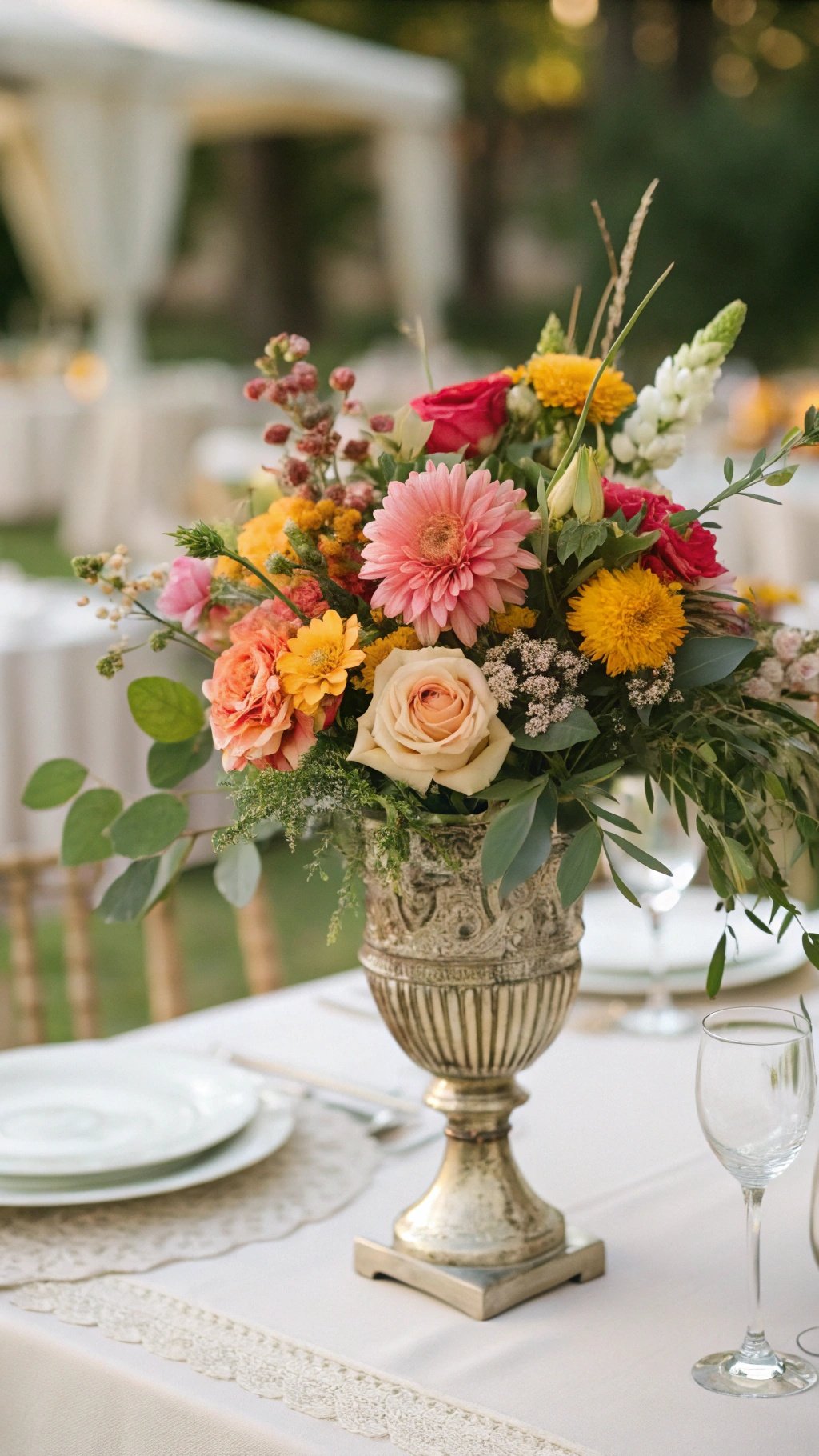 29 Stunning Wedding Table Decoration Ideas for a Perfect Celebration A wedding table centerpiece featuring a variety of fresh flowers in a silver vase.
