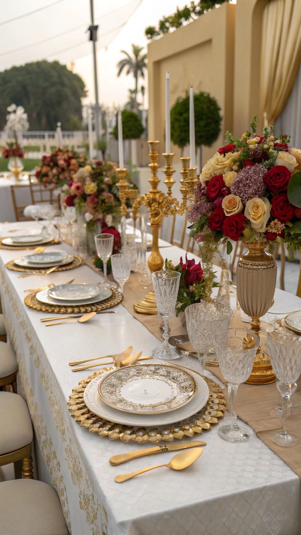 29 Stunning Wedding Table Decoration Ideas for a Perfect Celebration A luxurious wedding table setting with gold and silver decorations, featuring elegant floral arrangements, ornate plates, and crystal glassware.