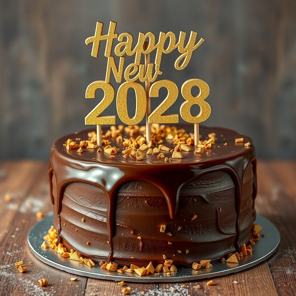 30 Delicious New Year Cake Recipes to Celebrate in Style A beautiful chocolate ganache cake with a 'Happy New 2028' topper, decorated with golden sprinkles.