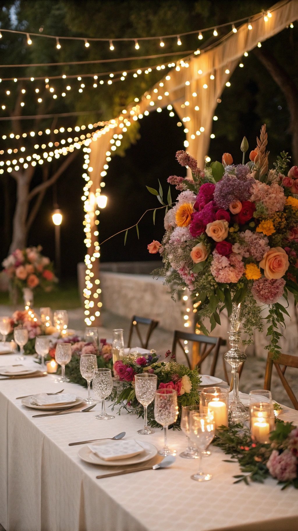 29 Stunning Wedding Table Decoration Ideas for a Perfect Celebration A beautifully decorated wedding table with fairy lights and floral arrangements.