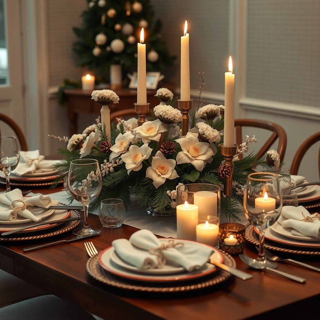 50 Inspiring Winter Decor Ideas to Transform Your Home After Christmas A beautifully set dining table with a winter-themed centerpiece featuring white flowers, candles, and pinecones.