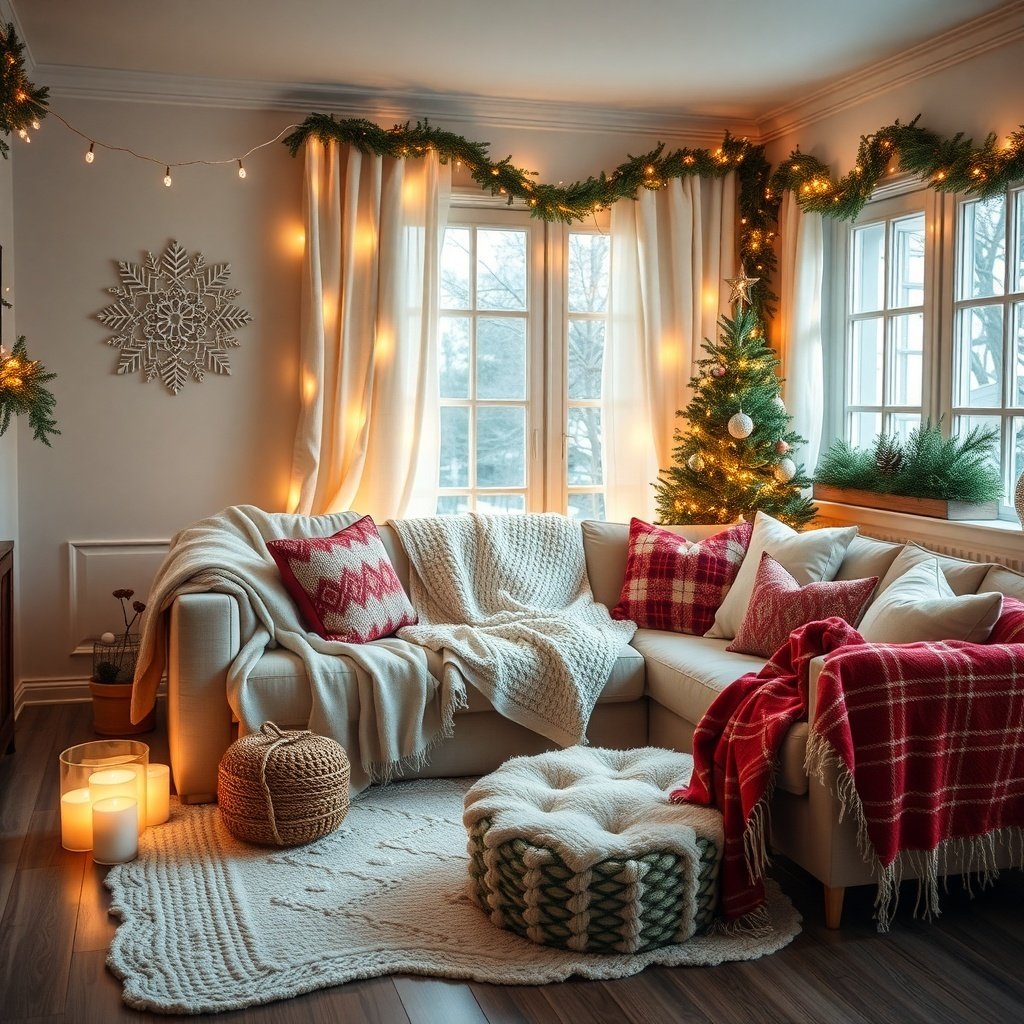 50 Inspiring Winter Decor Ideas to Transform Your Home After Christmas Cozy living room with winter decor featuring a couch with blankets and pillows, a small decorated tree, and candles.