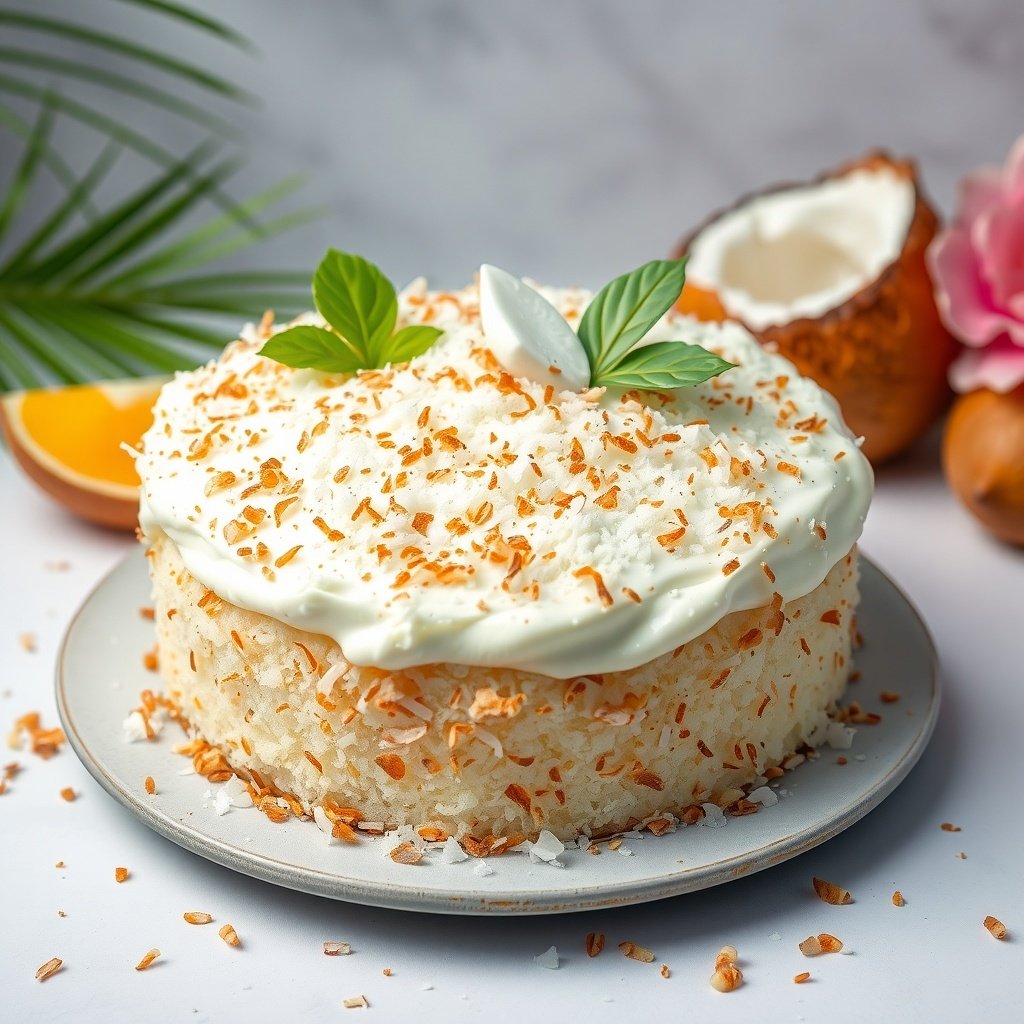 30 Delicious New Year Cake Recipes to Celebrate in Style A beautifully decorated coconut cream cake with toasted coconut flakes on top, surrounded by fresh coconut and tropical leaves.