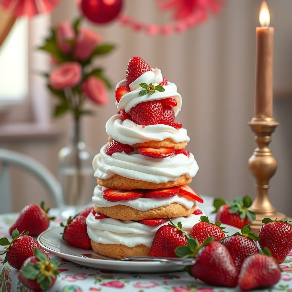 30 Delicious New Year Cake Recipes to Celebrate in Style A beautiful strawberry shortcake with layers of whipped cream and fresh strawberries, perfect for New Year celebrations.