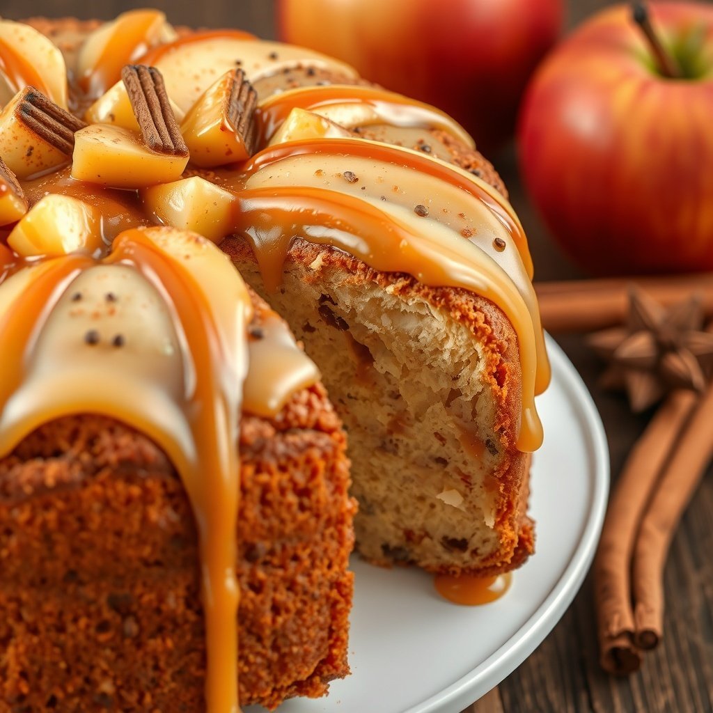 30 Delicious New Year Cake Recipes to Celebrate in Style A spiced apple cake topped with caramel sauce and apple chunks, surrounded by apples and cinnamon sticks.