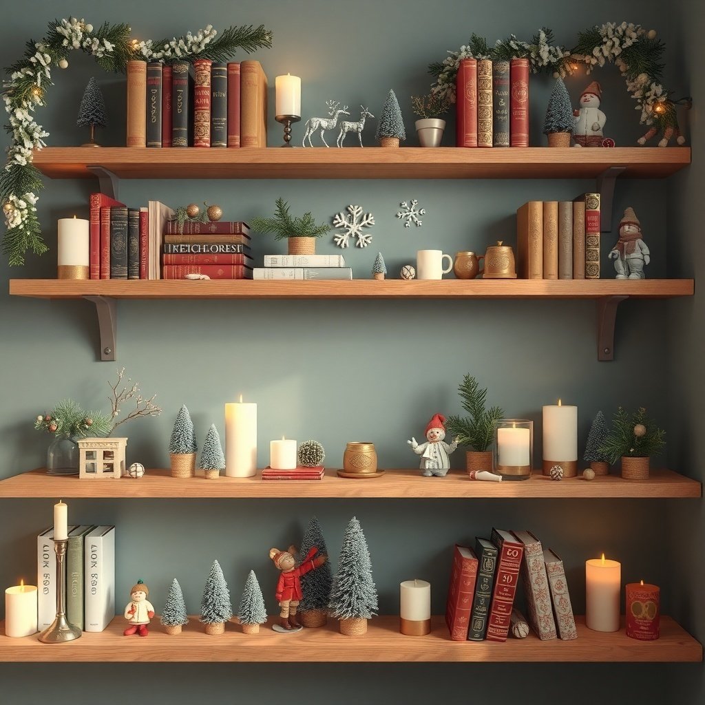 50 Inspiring Winter Decor Ideas to Transform Your Home After Christmas A cozy shelf display featuring winter decor after Christmas decor, with books, candles, evergreen trees, and festive figurines.