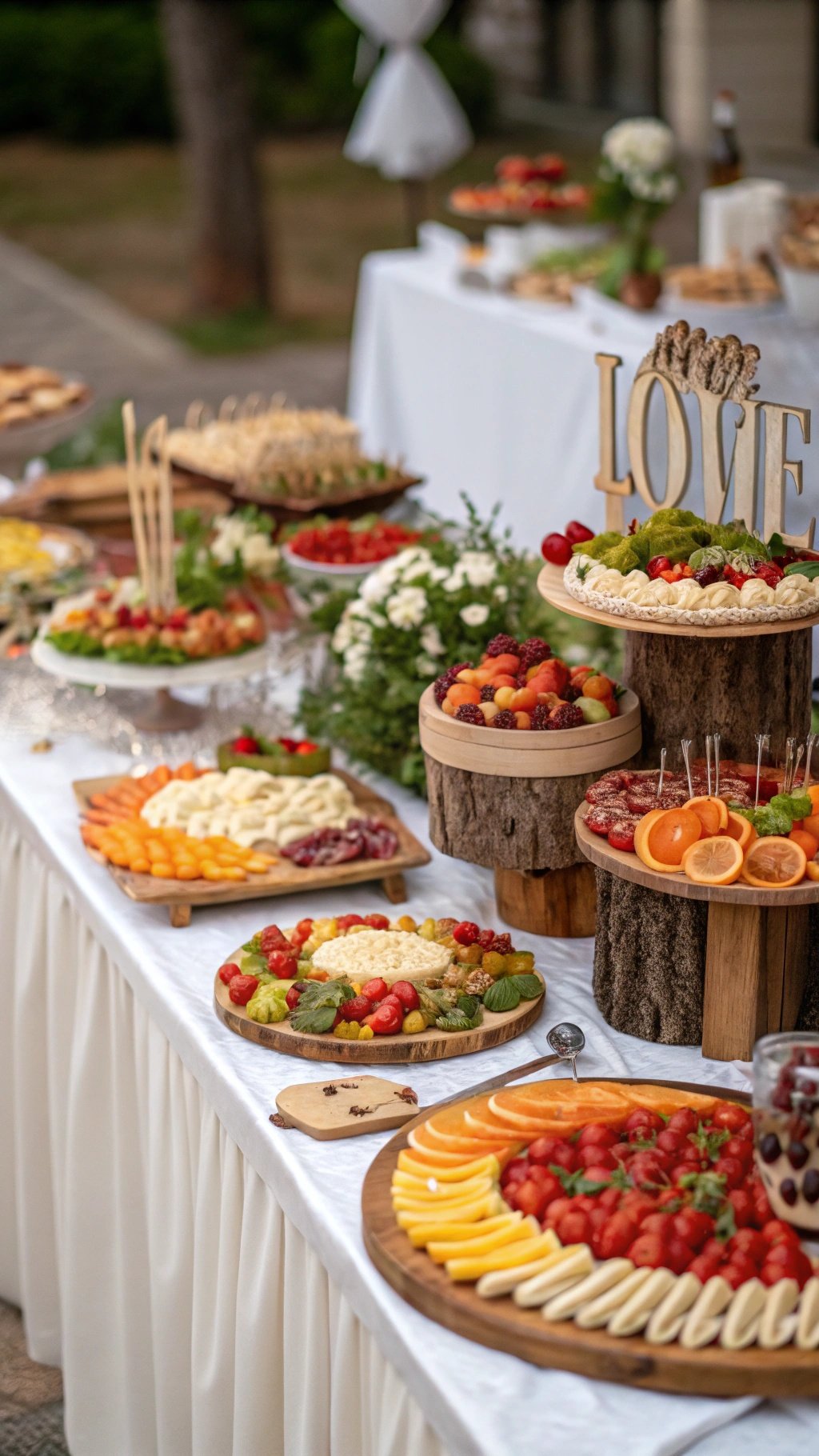 29 Stunning Wedding Table Decoration Ideas for a Perfect Celebration A beautifully arranged artisan food display featuring fruits, cheeses, and a wooden 'LOVE' sign.