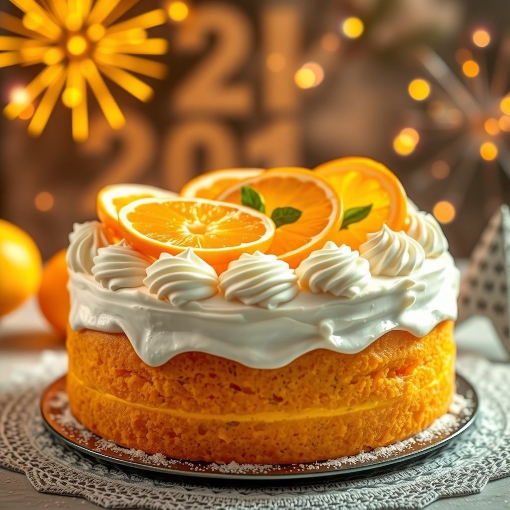 30 Delicious New Year Cake Recipes to Celebrate in Style A vibrant Citrus Delight Cake topped with orange slices and whipped cream, perfect for New Year celebrations.