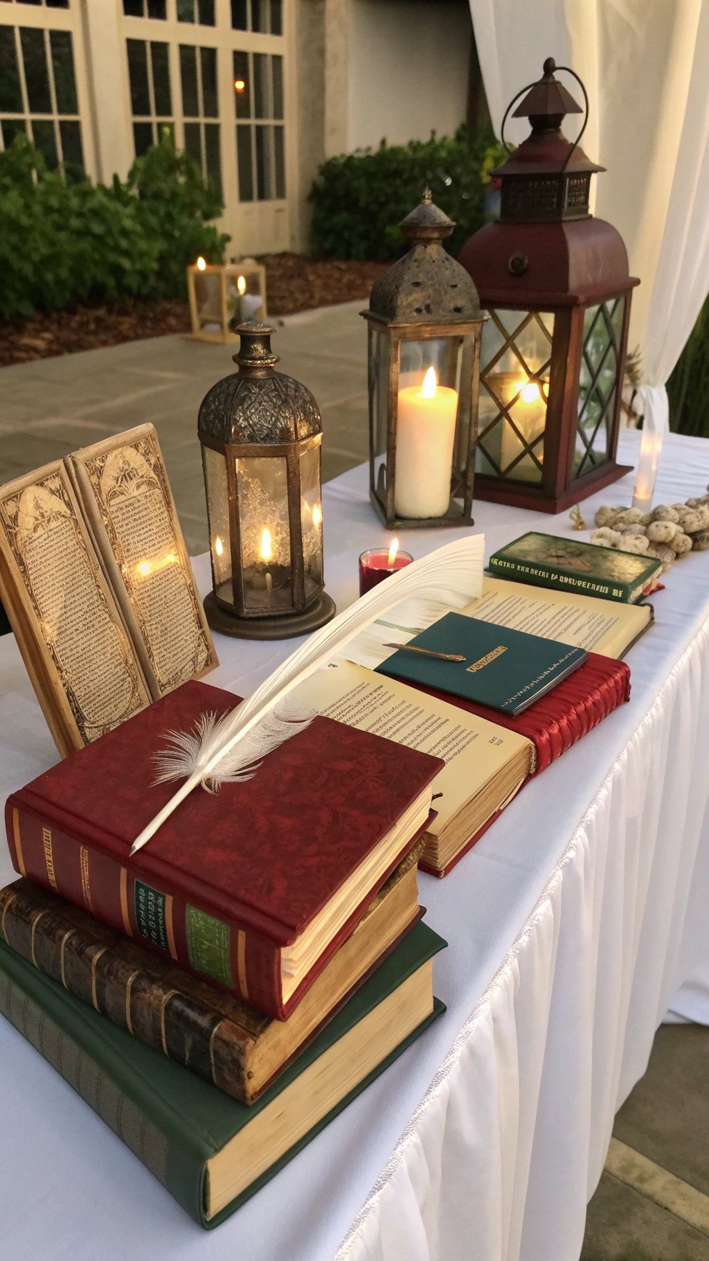 29 Stunning Wedding Table Decoration Ideas for a Perfect Celebration A table decorated with vintage books, lanterns, and a feather quill, creating a cozy and nostalgic atmosphere.