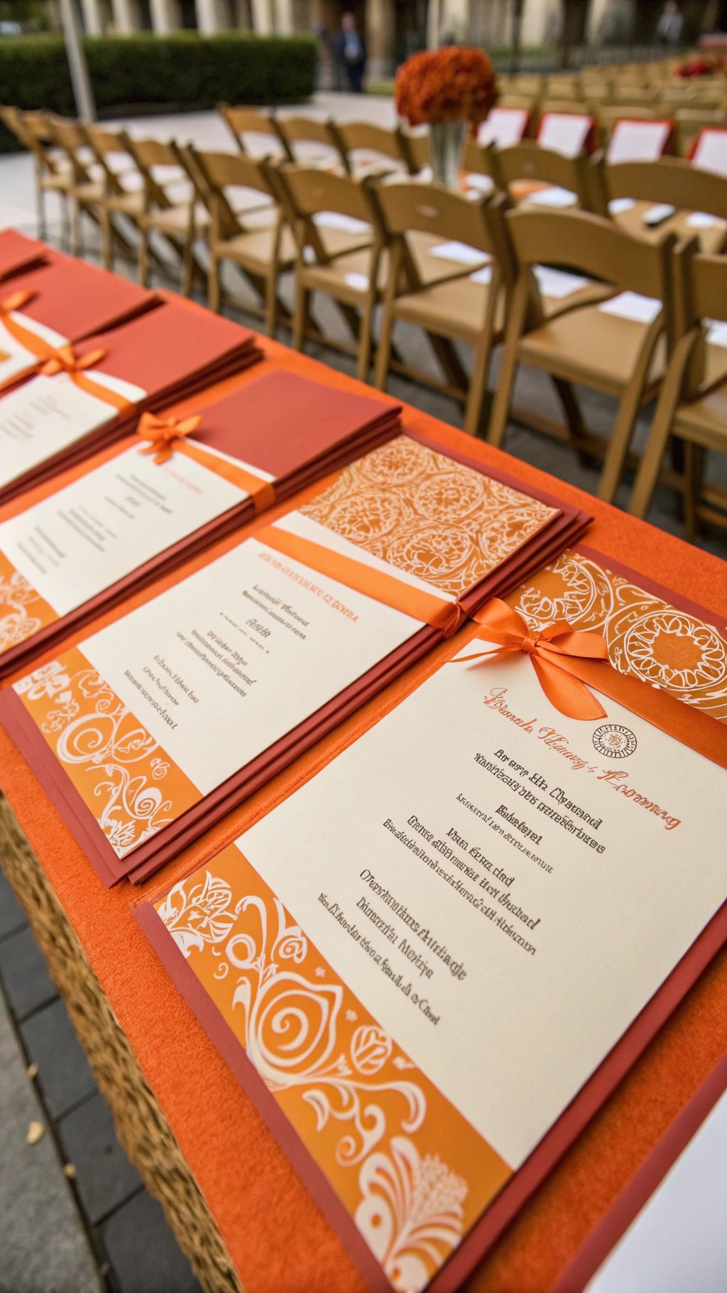 25 Stunning Burnt Orange Wedding Ideas for Your Dream Day Burnt orange wedding ceremony programs arranged on a table with chairs in the background.