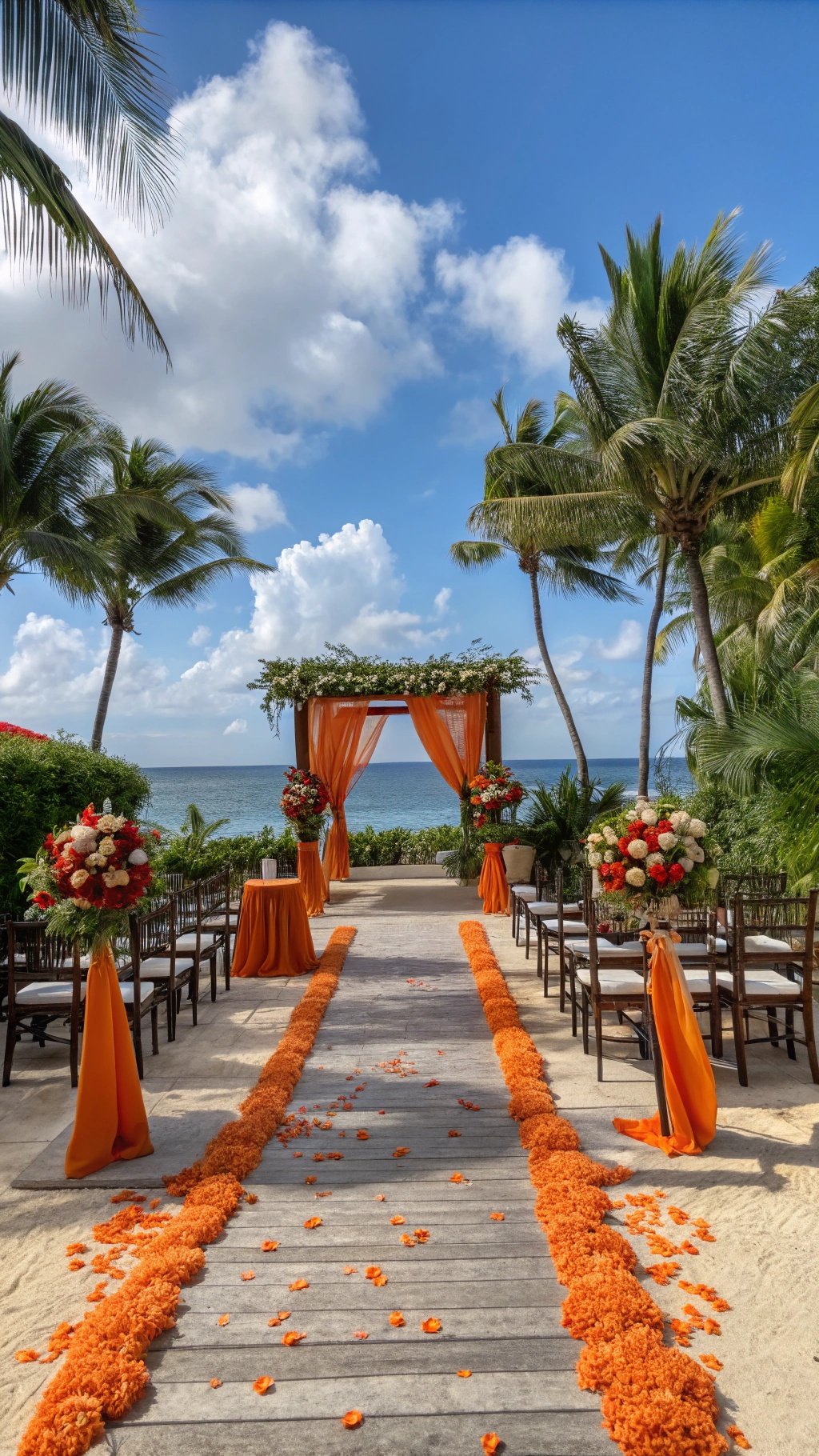 25 Stunning Burnt Orange Wedding Ideas for Your Dream Day A beachside wedding setup featuring burnt orange decorations, floral arrangements, and a beautiful ocean view.