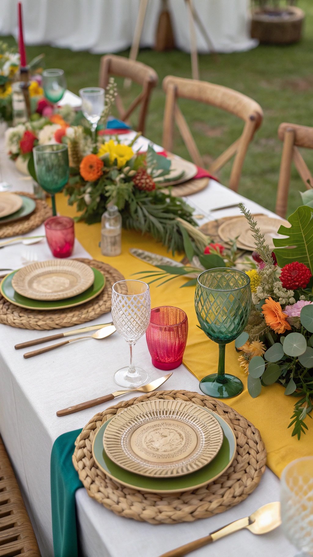 29 Stunning Wedding Table Decoration Ideas for a Perfect Celebration A wedding table set with eco-friendly decorations, featuring colorful glassware, woven placemats, and fresh flowers.