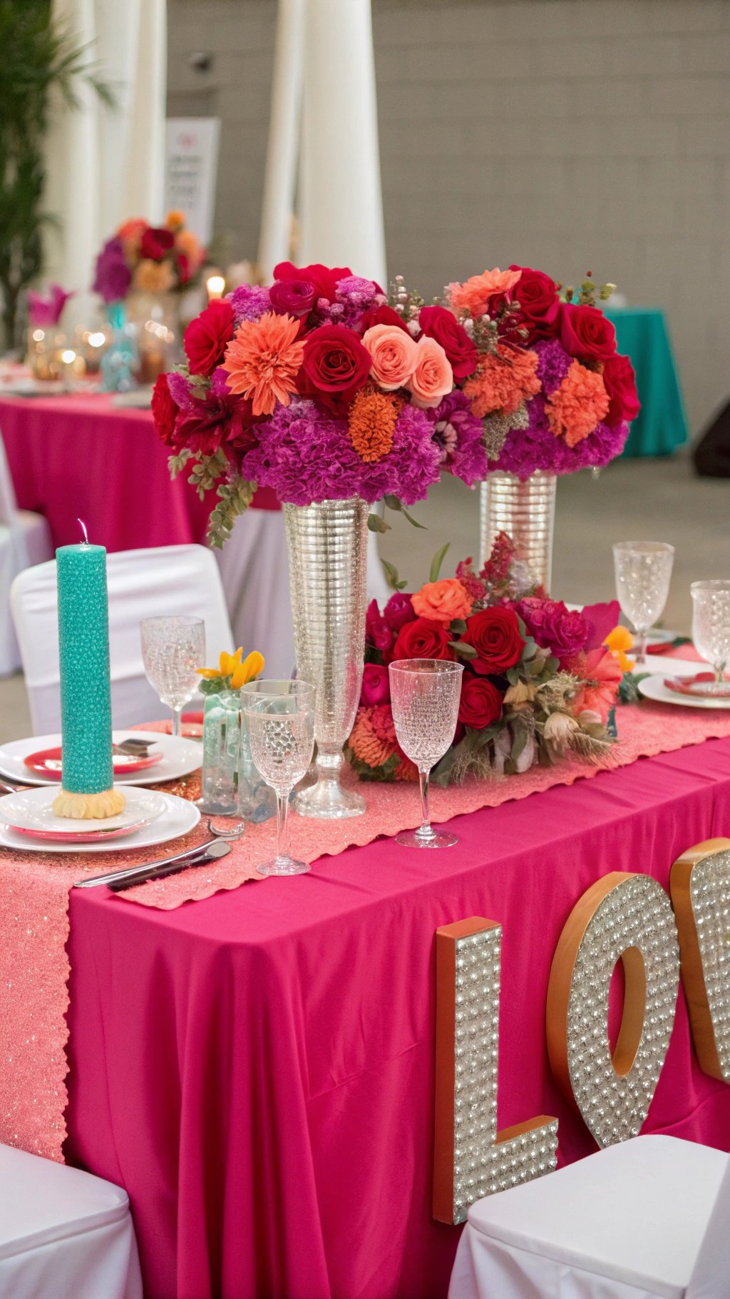 29 Stunning Wedding Table Decoration Ideas for a Perfect Celebration A vibrant wedding table decoration featuring bold pinks, reds, and oranges with floral arrangements and a turquoise candle.