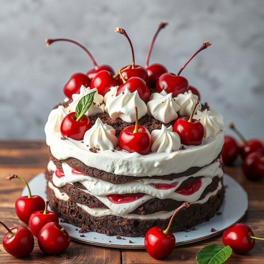 30 Delicious New Year Cake Recipes to Celebrate in Style A beautifully decorated Black Forest Cake topped with cherries and whipped cream, perfect for New Year celebrations.
