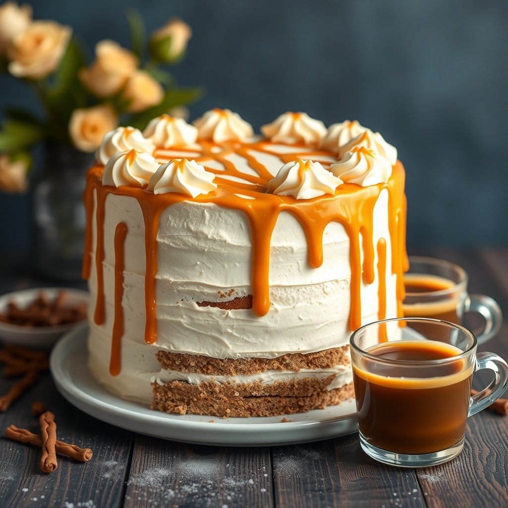 30 Delicious New Year Cake Recipes to Celebrate in Style A beautifully decorated Caramel Macchiato Cake with caramel drizzle and whipped cream on top, served with coffee.