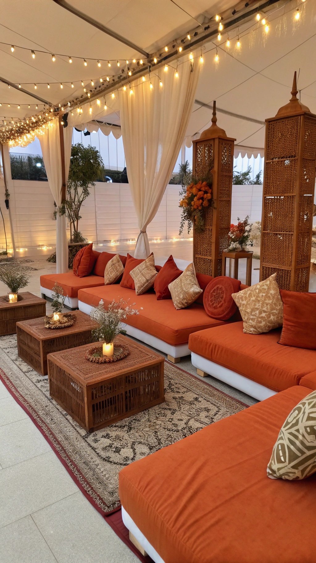25 Stunning Burnt Orange Wedding Ideas for Your Dream Day A cozy lounge area with burnt orange cushions, decorative pillows, wooden tables, and soft lighting, perfect for a wedding.