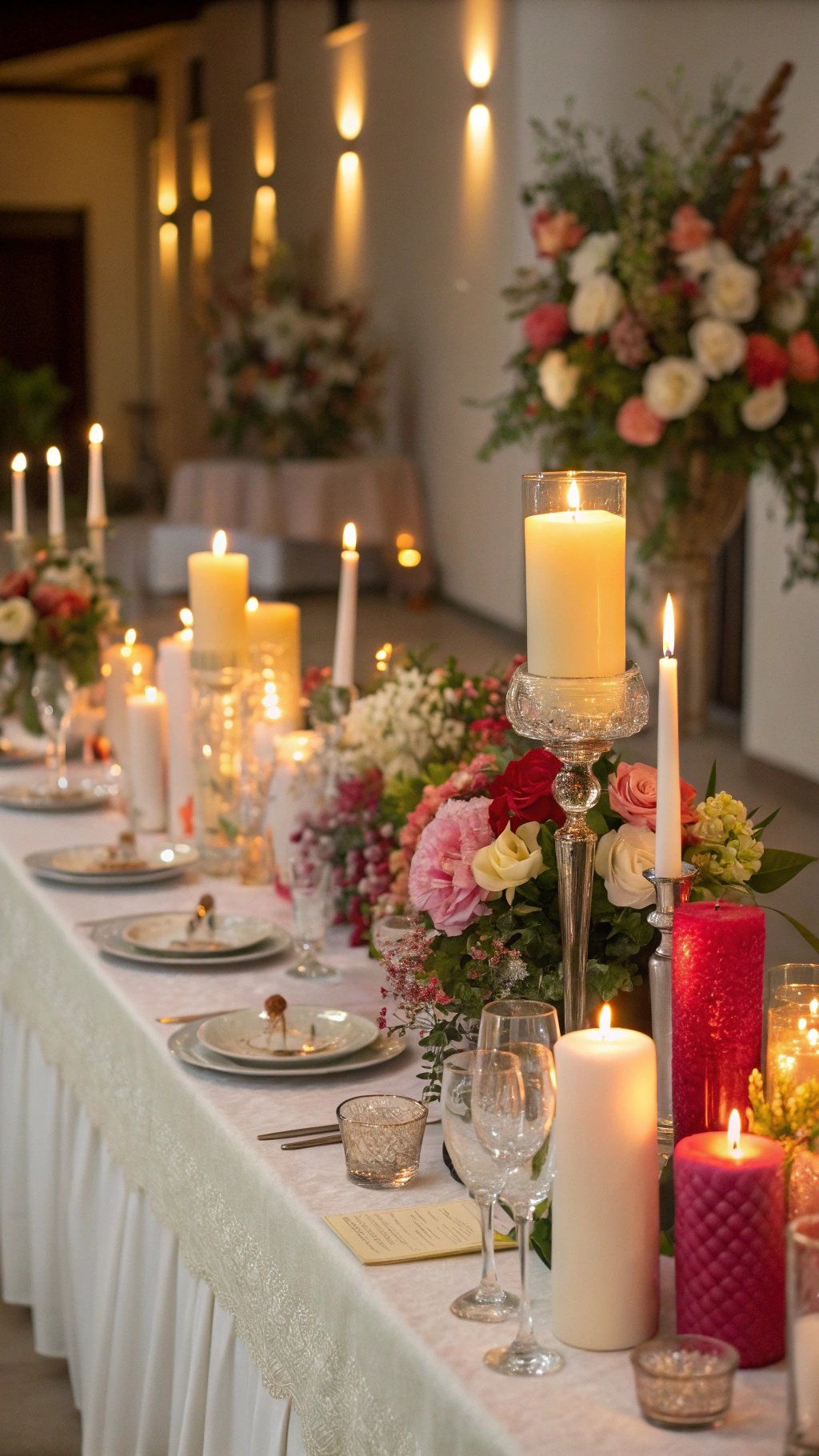 29 Stunning Wedding Table Decoration Ideas for a Perfect Celebration A beautifully decorated wedding table featuring various candles and floral arrangements.