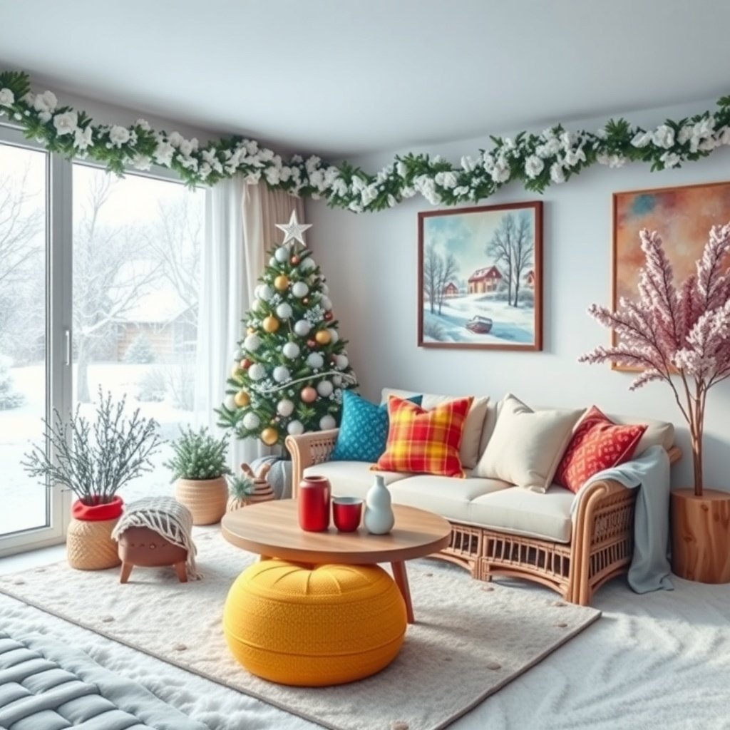 50 Inspiring Winter Decor Ideas to Transform Your Home After Christmas Cozy living room decorated for winter with colorful accents, including a yellow pouf, vibrant throw pillows, and a Christmas tree.