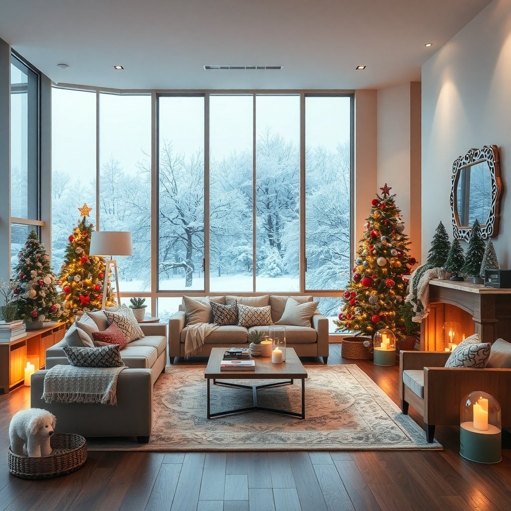 50 Inspiring Winter Decor Ideas to Transform Your Home After Christmas A cozy living room with two Christmas trees, large windows showing a snowy landscape, and warm candlelight.