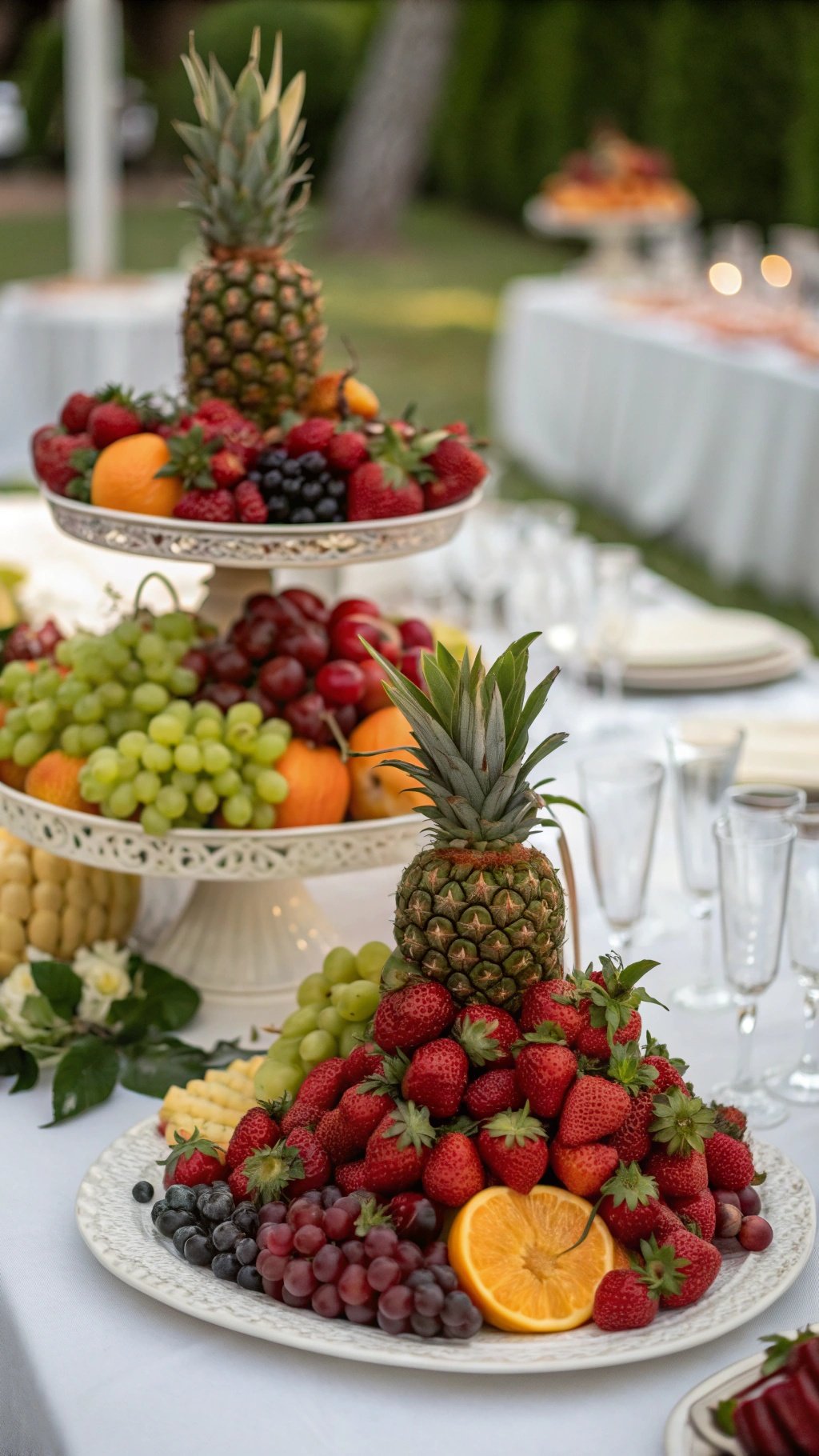 29 Stunning Wedding Table Decoration Ideas for a Perfect Celebration A beautiful display of seasonal fruits arranged on tiered stands for wedding table decorations.