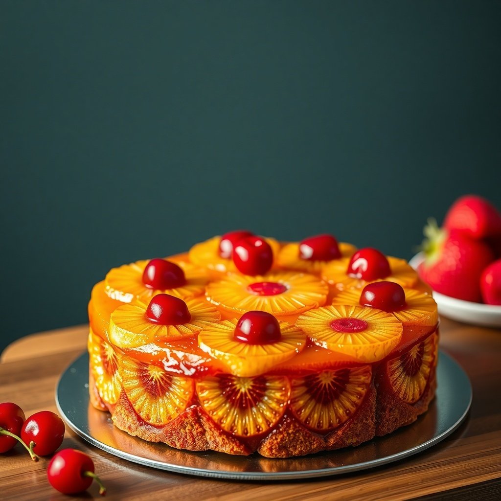 30 Delicious New Year Cake Recipes to Celebrate in Style A beautifully arranged Pineapple Upside-Down Cake topped with pineapple slices and cherries.