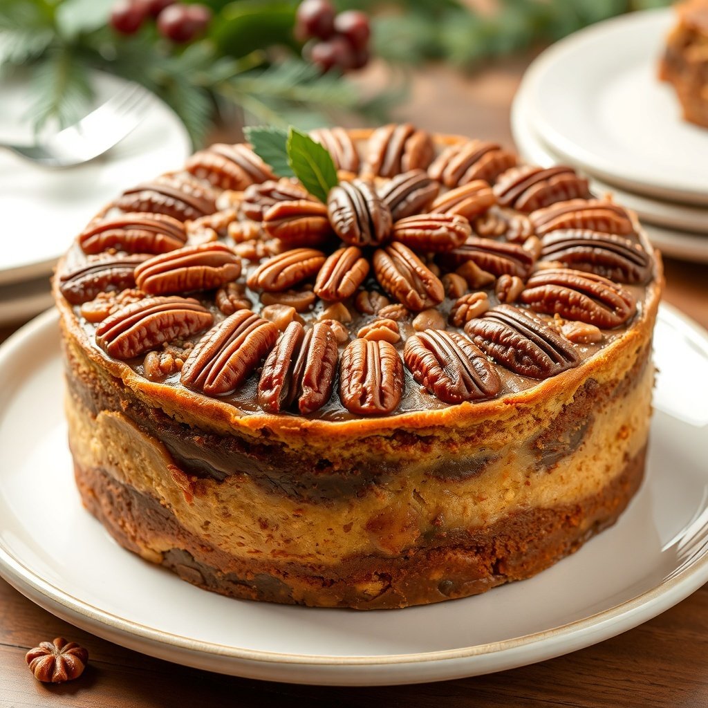 30 Delicious New Year Cake Recipes to Celebrate in Style A beautifully decorated pecan pie cake topped with whole pecans, perfect for celebrating the new year.