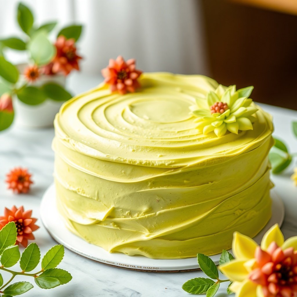 30 Delicious New Year Cake Recipes to Celebrate in Style A beautifully decorated matcha green tea cake with vibrant green frosting and edible flowers on top.