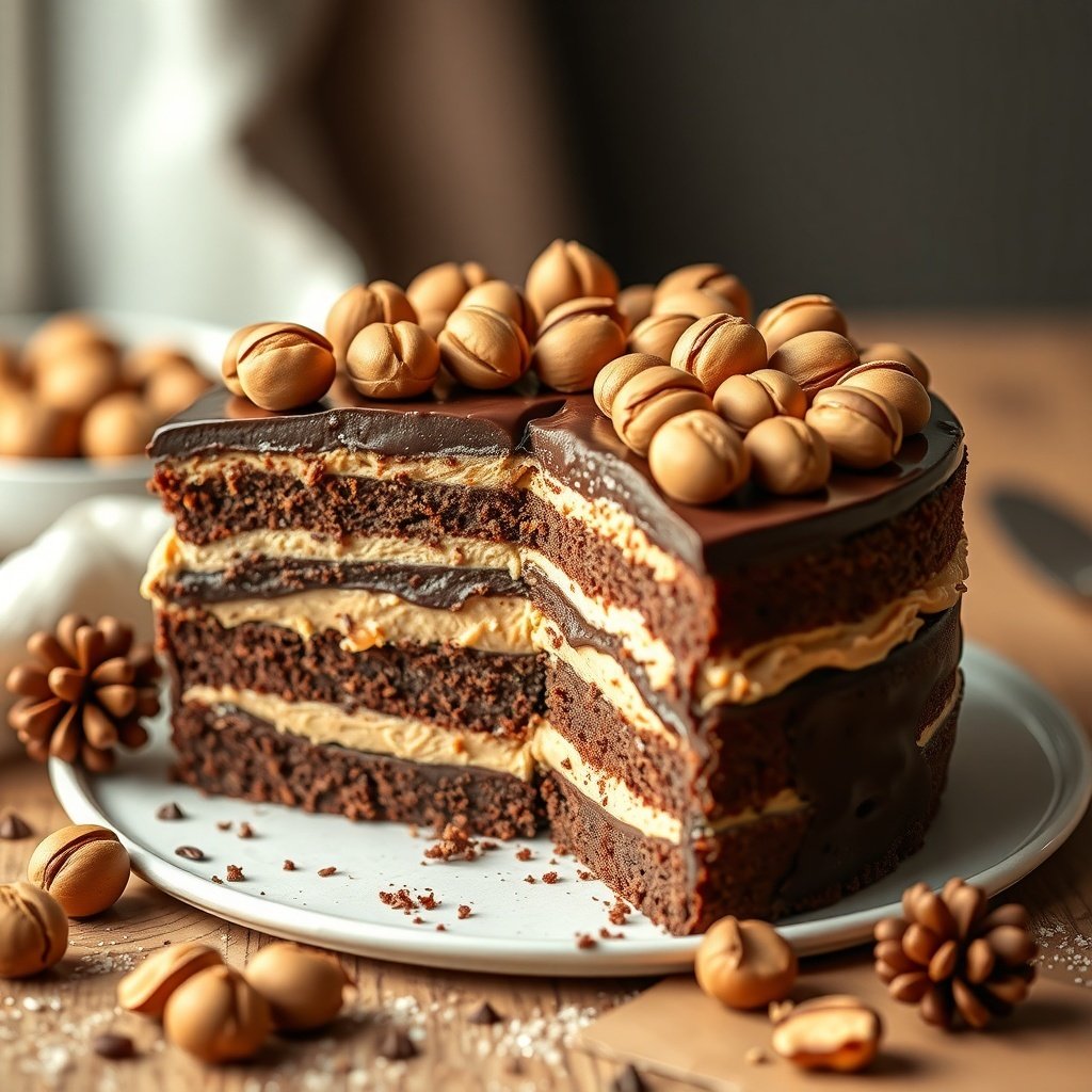30 Delicious New Year Cake Recipes to Celebrate in Style A delicious Chocolate Hazelnut Cake with layers of chocolate and hazelnut filling, topped with hazelnuts.