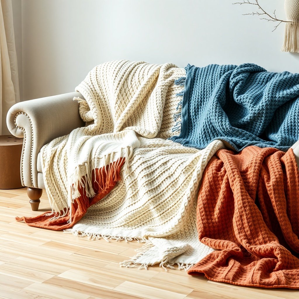 50 Inspiring Winter Decor Ideas to Transform Your Home After Christmas A cozy sofa adorned with layered throws in cream, blue, and orange, showcasing a warm winter decor theme.