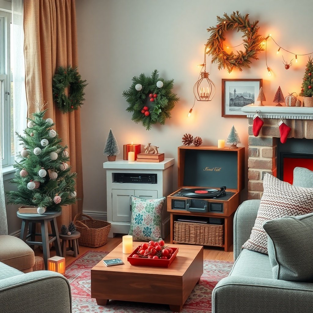 50 Inspiring Winter Decor Ideas to Transform Your Home After Christmas A cozy living room decorated for winter with a small tree, wreaths, candles, and a record player.