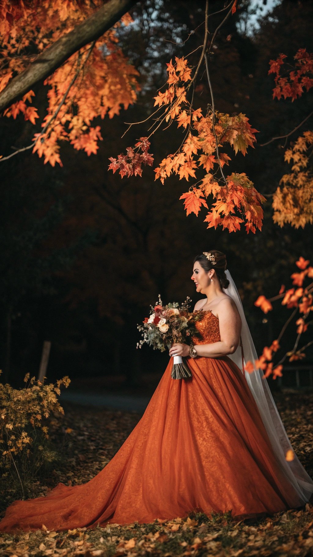 25 Stunning Burnt Orange Wedding Ideas for Your Dream Day Bride in a burnt orange gown surrounded by autumn leaves