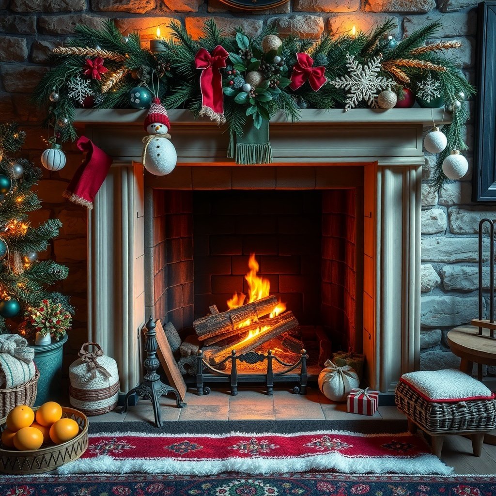 50 Inspiring Winter Decor Ideas to Transform Your Home After Christmas A cozy fireplace decorated for winter with a fire burning, surrounded by festive decor.