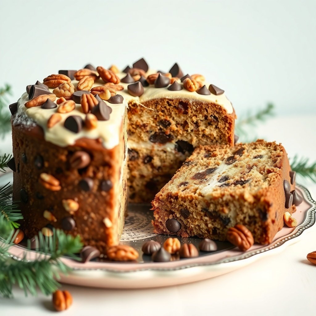 30 Delicious New Year Cake Recipes to Celebrate in Style A delicious Nutty Chocolate Chip Cake topped with nuts and chocolate chips, perfect for New Year celebrations.